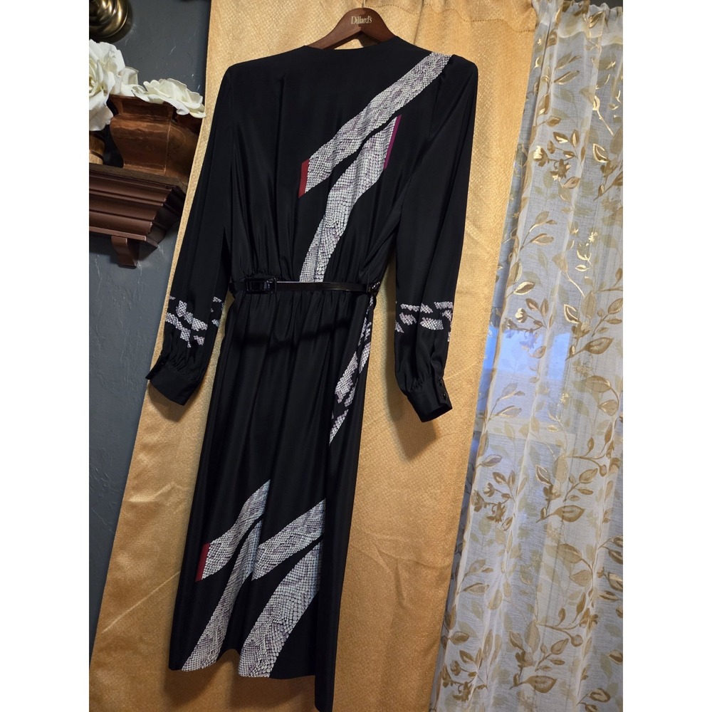 Alper Schwartz black animal print balloon sleeve chiffon midi dress vintage 80s